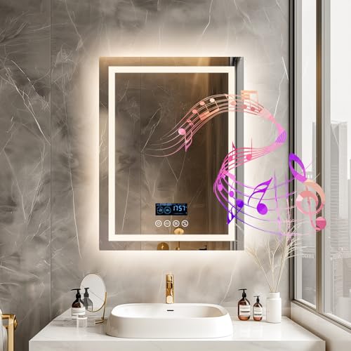LUVODI Smart LED Bathroom Mirror: 28”x36” Illuminated Restroom Mirror with Bluetooth Speaker and Time Temperature Display - Modern HD Wall Dimmable Vanity Mirror Backlit + Front Lit,Anti-Fog