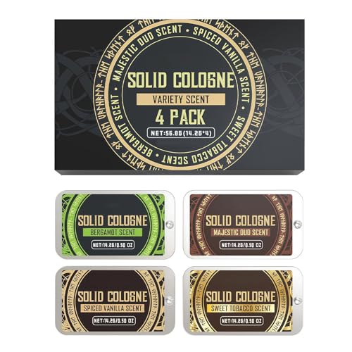 Colonia Sólida para Hombre (Pack de 4) - Fragancia de larga duración, perfume portátil en barra, ideal tanto para el trabajo como para el día a día (bergamota, oud, vainilla)