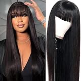 Wig with Bang Human Hair Straight Wig Human Hair with Bangs for Black Women 150% Density Bang Wig Human Hair Stragiht Wig with Bangs Human Hair None Lace Front Wigs Machine Made Glueless Wig Human Hair with Bang 18 Inch