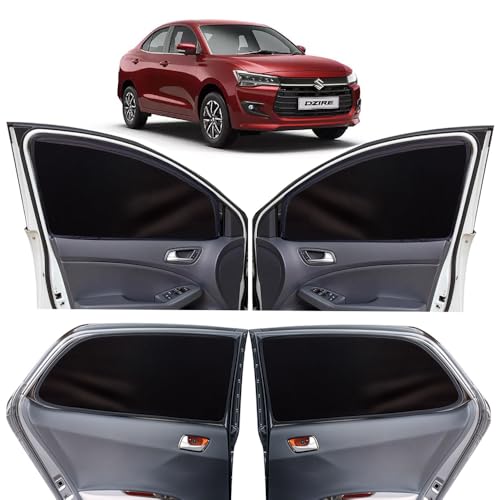 Image of OTO2EYE Car Sun Shade Compatible for Swift Dzire Model-2024 to 2025, Z-Black Super Magnetic Grip, Front Window Zipper, Side Window Curtains, 4 Pieces Set