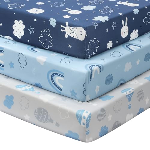 Image of Baby Mini Crib Sheets Boy, Portable 38 inchx26 inch Pack and Play Sheets Fitted for Playard and Pack N Play Mattress, 3-Pack Soft Microfiber Blue Cloud Animals