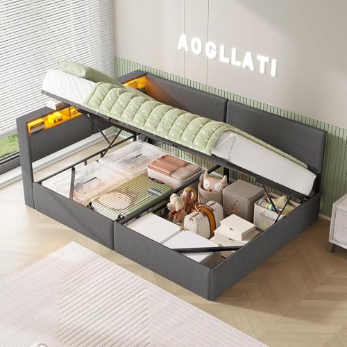 AOGLLATI Canapé 140x200cm con Almacenamiento Hidráulico, Sofá Cama Matrimonio con Cabecero Tapizado y Luz LED Regulable, Estructura Camas Matrimoniales con Estación de Carga, Cama Juvenil, Gris Oscuro