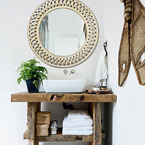 GLCS GLAUCUS Wooden Decorative Round Wall Mirror,24”Rustic Farmhouse Accent Hanging Circle Mirror for Living Room Bedroom Kitchen Entryway Hallway Wall Decor - Image 5