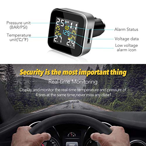 Tymate Tire Pressure Monitoring System - Full-Color Screen Design, 6 Alarm Modes, CLA Charging Method, Simple Installation and Setup, with 4 Advanced External Tmps Sensor (0-0.6 Bar/ 0-87 PSI) - Thumbnail 6