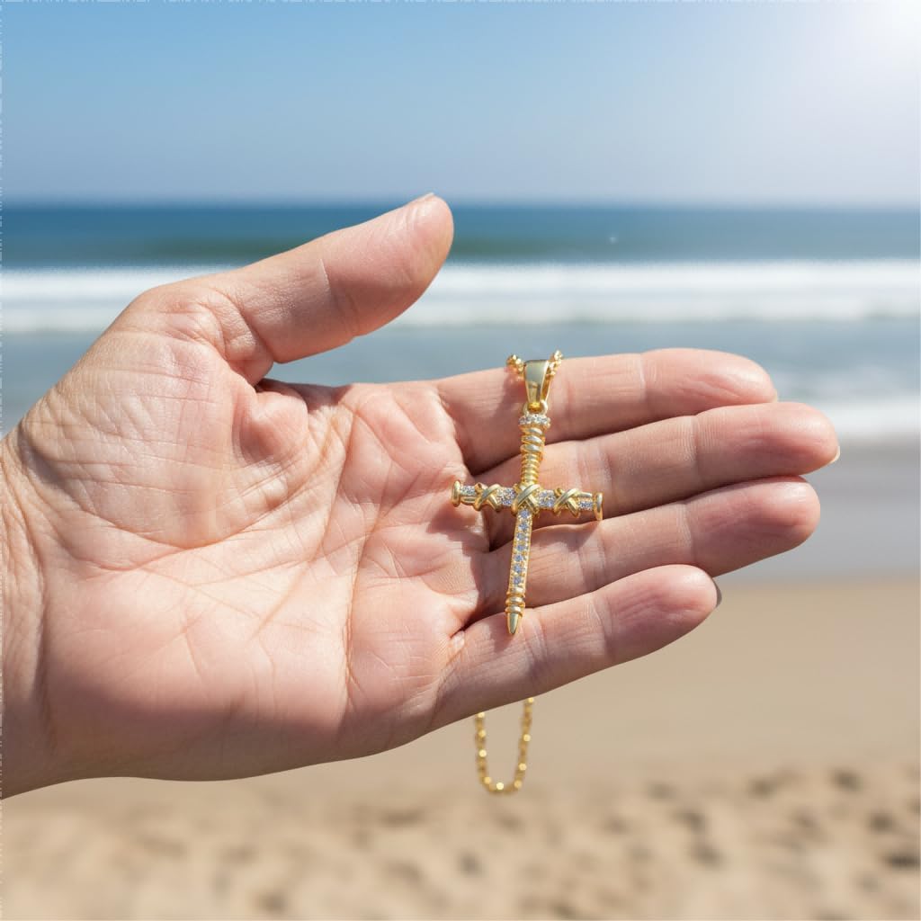 14K Gold Cross Necklace Elegent Gold Nail Cross Necklace Trendy 3 Nail Cross Pendant Jewelry Gift for Women Men - Image 8