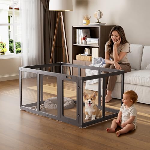 Image of Clear Acrylic Dog Playpen Indoor, Puppy Cat Small Pet Play Pen, Pet Cat Playpen for Rabbits, Dog Fence Crate Kennel Whelping Cage (30 inch, Black, 10 Panel)
