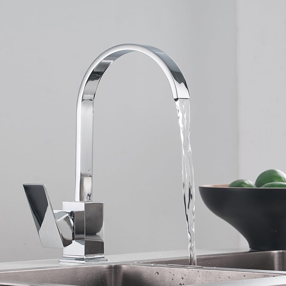 Kitchen Sink Mixer Taps Solid Brass Chrome Finish Modern Square Flat Spout 360 Degree Swivel Waterfall Effect Monobloc Faucet for Single Lever with UK Standard Fittings - Image 2