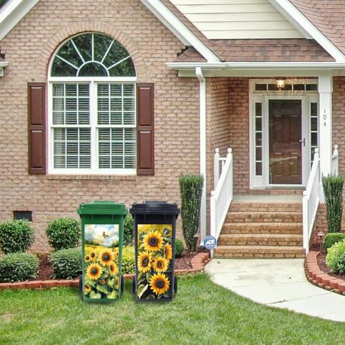 Image of Peacoblue Wheelie Bin Stickers 2 Sheets Sunflowers Sticky Dustbin Stickers Decals, 15 inch x 32 inch Waterproof Large Wraps for Trash Cans Bins Fridges Door Wall Garden Outdoor Indoor Patio Decor