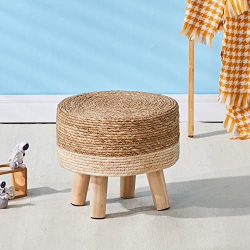 Cpintltr NX33-003 Foot Stool Natural Seagrass Hand Weave Poufs Round Ottoman For Couch Desk Soft Step Stool Padded Foot Rest With Non-Skid Pine Legs For Hallway Office Lounge Natural/White thumb #6