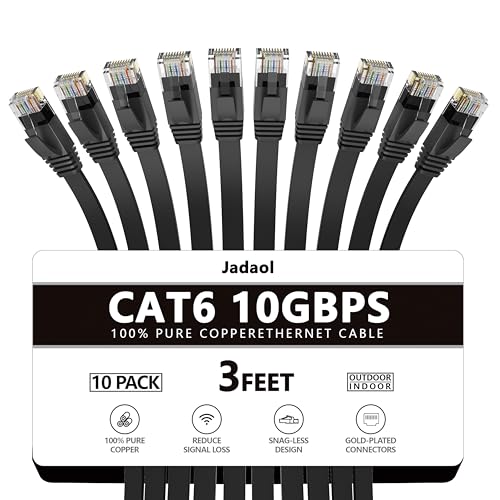 Jadaol Cat6/Cat6A Ethernet Cable 3FT 10Pack Flat 10Gbps Network Cable Black