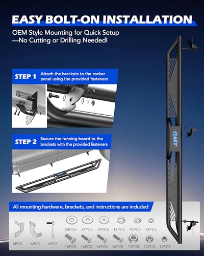 Image of Running Boards Compatible with 2009-2018 Dodge Ram 1500 Crew Cab, 2019-2024 1500 Classic, 2010-2024 2500 3500, Two Stairs Bolt-On Side Steps Steel with Triple-Shield Anti-Corrosion Technology
