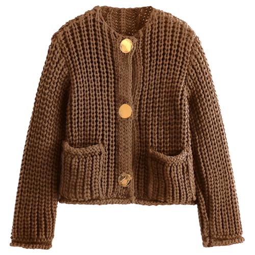 Yimoon Women's Cropped Cardigan Sweaters Button Down Chunky Knit Sweater Long Sleeve Fall Open Front Cardigan(Brown-L)