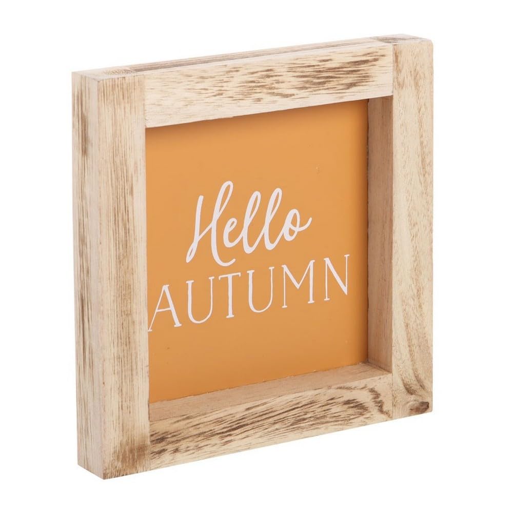 Targa Decorativa In Legno 'Hello Autumn' - Quadro Contemporaneo Con Cornice Chiara, Decorazione Autunnale Per La Casa, Con Gancio A Dente Di Sega - 3