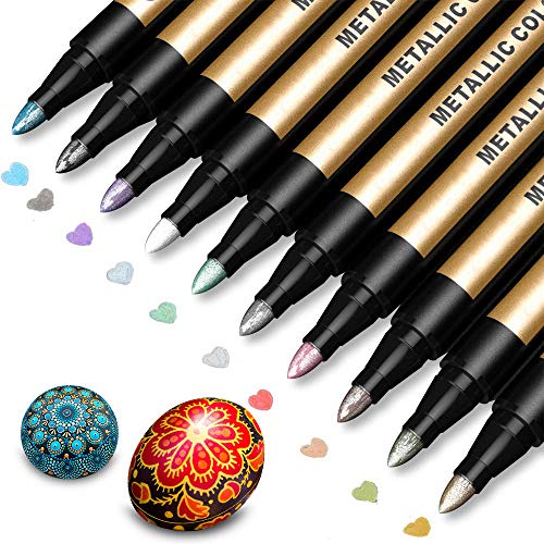 Metallic Marker Pens, Paint Pens for Rock Painting, Black Paper, Scrapbooking Kit, Scrapbook Photo Album, Card Making, DIY Crafts, Glass, Wood, Set of 10 Metallic Colors - Medium Tip Paint Markers