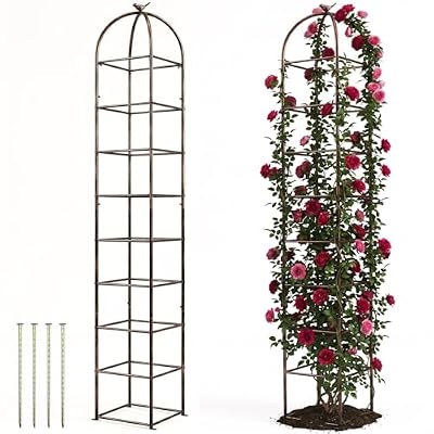 Heavy Duty 8.4 FT Garden Obelisk Trellis for Climbing Plants Outdoor, Rust-Resistant Large Metal Plant Support Tower with Bird Topper & Ground Stakes, Yard Art Decor for Roses Clematis Vines (Bronze)
