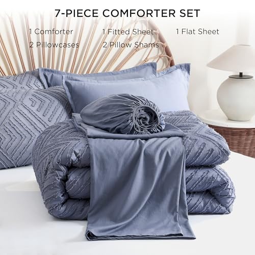 Litanika Blue King Size Comforter Sets, Denim Grey Bed In A Bag 7 Pieces Boho Tufted Comforter thumb #6