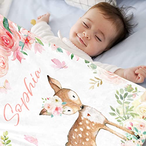 Image of Personalized Deer Baby Blanket for Girl Custom Name Blanket for Newborn Kid