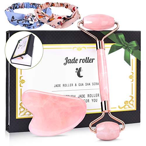 Original Jade Roller and Gua Sha Scraping Massage Tool, Inpher Natural Rose Quartz Face Roller For Slimming, Firming, Wrinkles and Anti Aging,with Headbands 2pcs Random Color