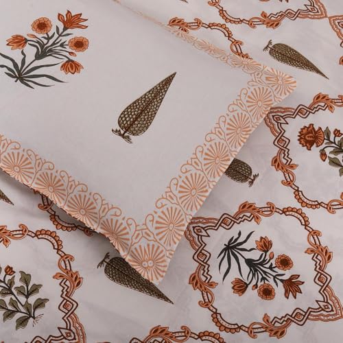 Image of Authentic Bagru Handmade 100% Cotton King Size Bedsheet, 220 TC Double Bed with 2 Pillow Covers. The bedsheet Measures 108 X 108 inches Orange