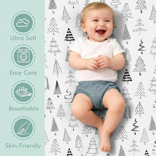 Image of 4 Pack Bassinet Fitted Sheets Compatible with 21 inch x 35 inch Amke, Ezebaby, Evolur Stellar and Mereryi Baby Bassinet, Soft and Skin-Friendly, Blue Truck & Grey Forest
