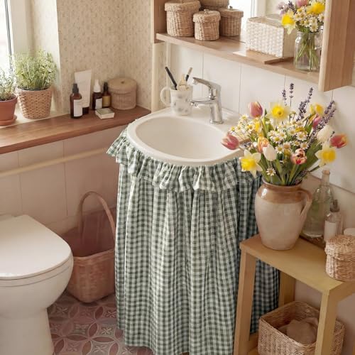 CrystalSylara Green Ruffle Gingham Sink Skirt Self-Adhesive Bathroom Stitch Self Stick Adhesive Fabric Under Sink Curtain Skirt 55 x 32 for Bathroom Kitchen Laundry Utility Room Decor (32 x 55in)