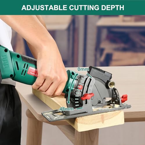 HYCHIKA Cordless Circular Saw, 18V Mini Circular Saw with 4.0Ah Battery, 3 Blades(4-1/2",4-9/10"), 3500RPM Max Cuting Depth:90°(48mm)/45°(32mm), Compact Circular Saw for Wood, Plastic and Soft Metal - Image 5