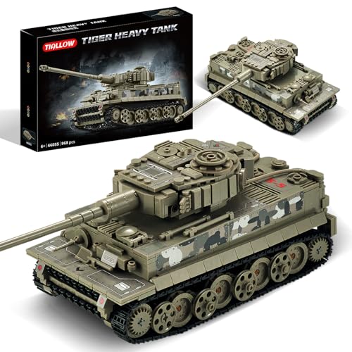 TIALLOW WW2 Army Tank Building Kit,Create a 1:28 Tiger Tank Building Block Set Compatible with Lego, Great Military Toys Gifts for Boys,Kids and Teens Age 6-14 (Taupe)