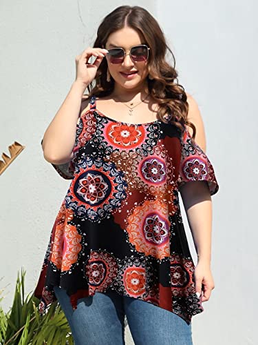 Image of LARACE Cold Shoulder Tops for Womens Summer Clothes Spaghetti Strape Tunic Oversized Shirts Asymmetrical Plus Size Blouse