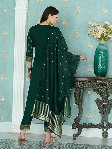 Image of GoSriKi Women's Cotton Blend Printed Straight Kurta with Pant & Dupatta