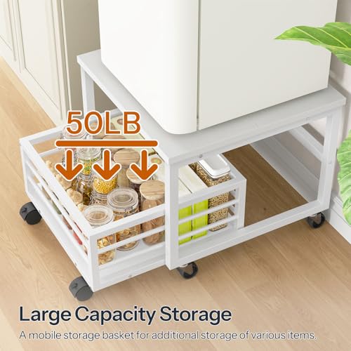 Image of HOOBRO Mini Fridge Stand with Movable Storage Basket, Wheels and Adjustable Feet, Sturdy Metal Frame, for Home, Apartment, Office, White