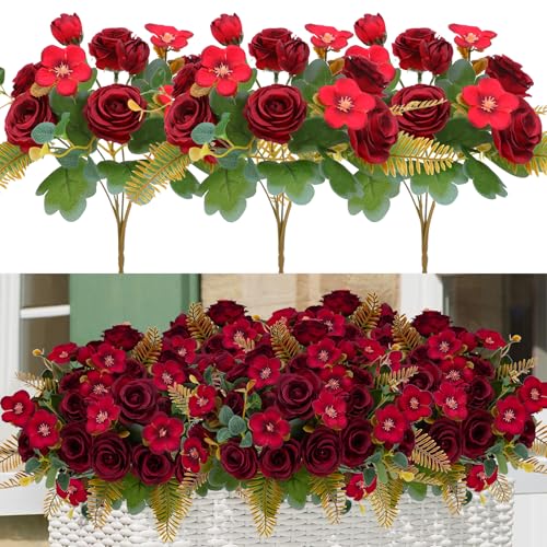 Floweroyal 4 Ramos de Rosas Artificiales, Flores de Color Burdeos, Ramos de Rosas Falsas para centros de Mesa de Boda, Fiesta, arreglos Florales, decoración del hogar y la Cocina