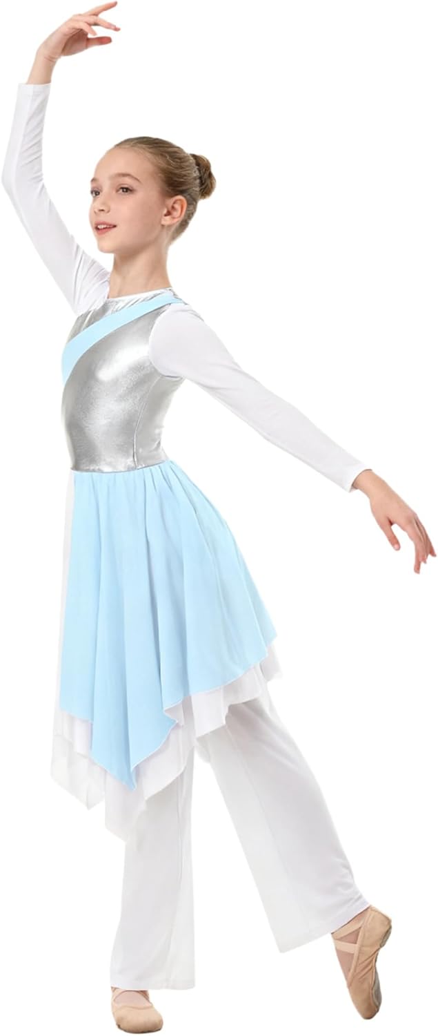 Girls Praise Dance Outfit Long Sleeve Lyrical Worship Tunic Dress and Liturgical Wide Leg Pants Church Robe