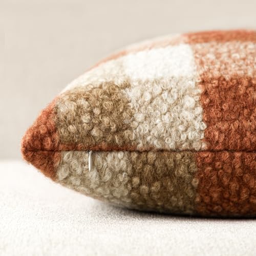 Image of Foindtower Pack of 2 Soft Faux Fur Boucle Throw Decorative Pillow Covers Fuzzy Accent Check Cushion Sherpa Boho Farmhouse Pillowcase for Couch Sofa Bed Living Room Home Decor 20x20 Inch,Burnt Orange