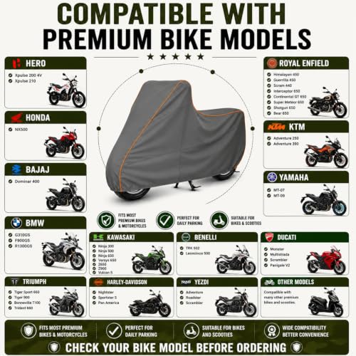 Image of Pivalo 100% Waterproof Bike Body Cover for All Cruiser & Adventure Super Bikes Above RE Size | Multi-Layer Dustproof & UV Protected | All Weather Protection Two Wheeler Motorcycle Cover (XXL, Grey)