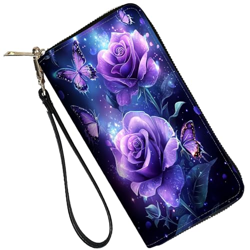 RFID Blocking Leather Wallet for Women – Large Capacity Zip Around Clutch with 8 Card Slots,40 Cash Pockets & Coin Zipper,Purple Rose Butterfly