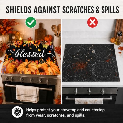 Image of Blessed Stove Top Cover for Electric Stove, Fall Pumpkins Range Covers, Thanksgiving Kitchen Range Top Mats, Fall Leaves Glass Cooktop Covers 28x20 inch, Vintage Cooktop Cover for Kitchen Home Decor
