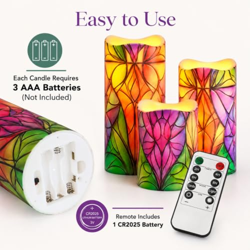 Image of Flameless Candles with Remote Timer, 3 Pack Stained Glass Pattern LED Pillar Candles, 3 inch x 4 /5 /6 inch, Warm White Flickering, Battery Operated for Christmas Wedding Home Decor