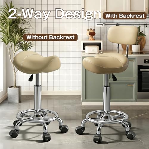 Image of Saddle Stool with Back and Ring Pedal, Adjustable Hydraulic Rolling Chair with Wheels for Salon, Spa, Medical, Massage & Drafting Use Khaki