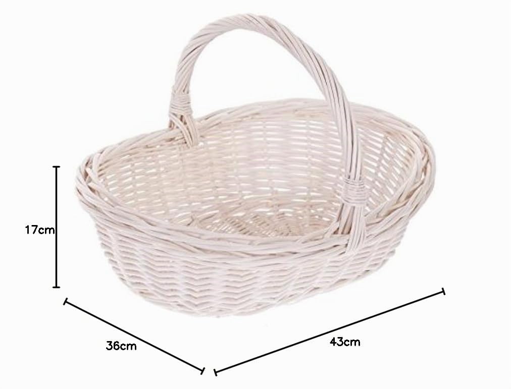 e-wicker24 Panier en osier blanc avec anse, panier à provisions,gondole, panier mariage, bateme, baby shower,basket ovale de courses (Crème)