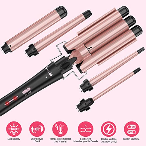 Image of Curling Wand Set, Curling Iron Interchangeable 3 Barrel Wand Curler with Ceramic Tourmaline Professional 5 in 1 Wand Curling Iron,for Women with Curler and Waver