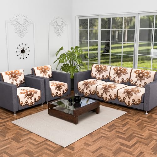 Image of Kuber Industries (Set of 10) Stylish & Durable Cotton Sofa Covers 5 Seater | Washable Sofa Protector /Mat & Slipcover for Hall, Living Room & Office | Painting Print- Cream & Brown