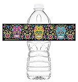 POP parties Sugar Skull Waterproof Bottle Labels - 20 Vibrant Sugar Skull Wraps - Day of the Dead Party Supplies - 2' x 9' Labels