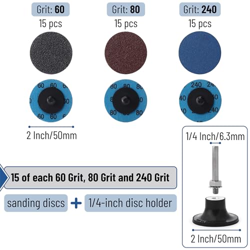 Bates Quick Change Sanding Discs - 47 Pcs, 2-Inch With 1/4" Holder, Grinding and Abrasive Wheels for Drill, Grinder Pads - Image 2