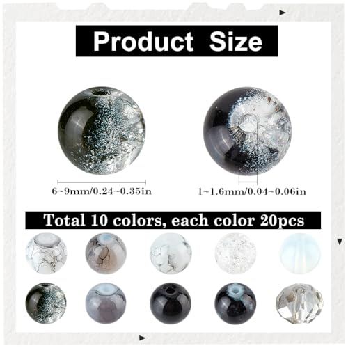 SUNNYCLUE 1 Box 200Pcs 10 Styles 8mm Glass Beads Bulk Black and White Beads Small Round Transparent Crackle Faceted Space for jewellery Making Bracelet Necklace DIY Crafts Gifts Women Adults - Image 2