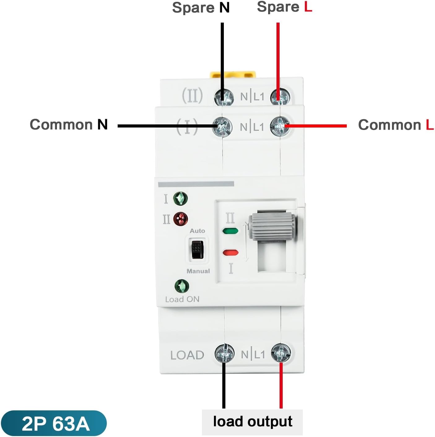 Wiring diagram for the 2P DEWIN G2R 63A Automatic Transfer Switch, showing common and spare power inputs and load output.