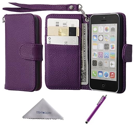 Wisdompro iPhone 5c Case, Premium PU Leather 2-in-1 Protective Flip Folio Wallet Case with Multiple Credit Card Holder/Slots and Wrist Lanyard for Apple iPhone 5c (Purple)