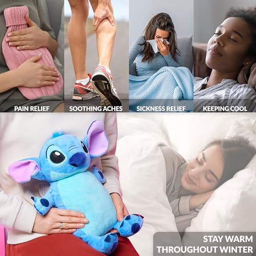 Disney Stitch Kuscheltier Wärmflasche Kinder & Erwachsene, 3D Wärmflaschenbezug flauschig 0.75L, Schmerzlinderung, Coole Geschenke