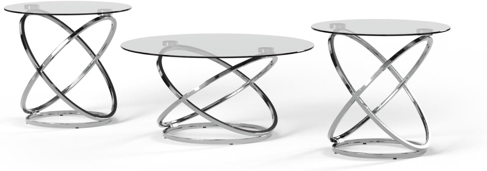 Hollynyx Contemporary Round 3-Piece Occasional Table Set, Includes Coffee Table and 2 End Tables, Chrome