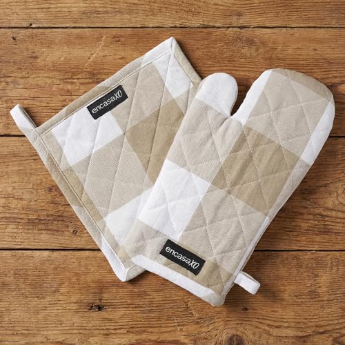 Image of Encasa XO Heat Resistant 100% Cotton Oven Glove & Potholder Set with Loop, Kitchen Cooking Mittens, Microwave Safe Hot Pads (Buffalo Beige Checks)