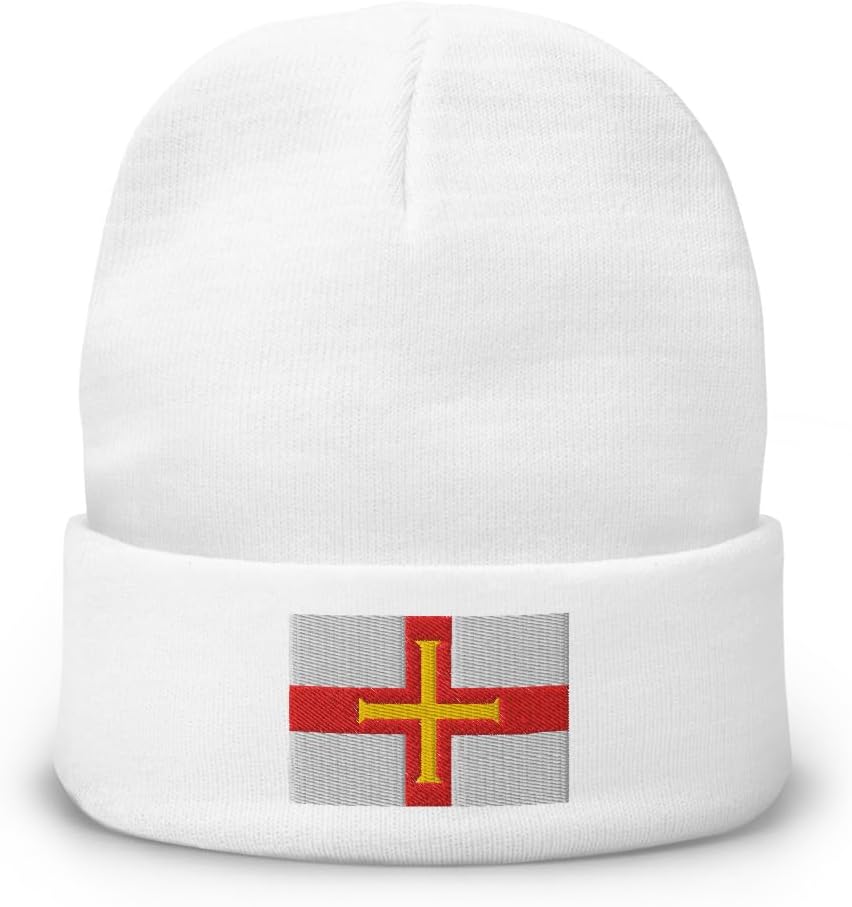 Guernsey Beanie - Flag of Guernsey Embroidered Cuffed Winter Beanie Hat - Guernsey Island Channel Islands Souvenir Gifts